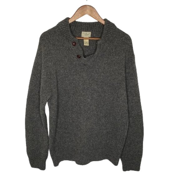 L.L. Bean Mens 100% Lamb's Wool Grandpa Sweater‎ Sz Large Gray Pullover Academia